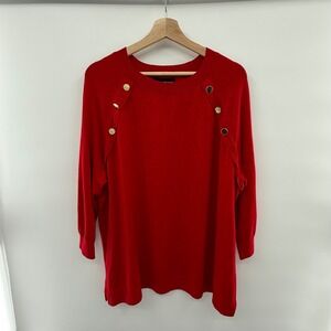Lane Bryant Red Crew Neck Sweater Gold Button Detail 3/4 Sleeve Plus Size‎ 26/28